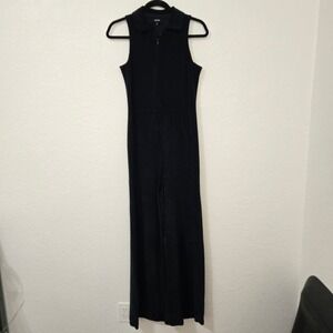 ME+EM Black Terrycloth Jumpsuit Wide Leg Sleeveless Collared Zip Front US 2 UK 6